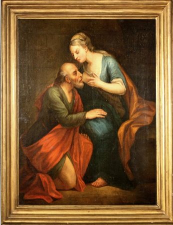 SCUOLA DEL XVII SECOLO. Dipinto olio su tela raff. ''PIETA' ROMANA''. In...