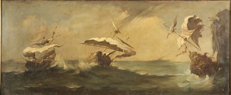 Dipinto olio su tela raff. ''TEMPESTA CON VELIERI''. Fine XVIII secolo....