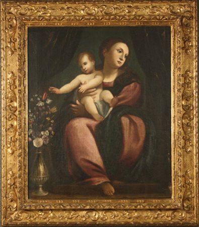 SCUOLA ROMANA. Dipinto olio su tela raff. ''MADONNA CON BAMBINO PROTESO VERSO...