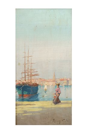 VINCENT MANAGO Francia 1880 - 1936 "Veduta di porto" olio su tavola, firmato...