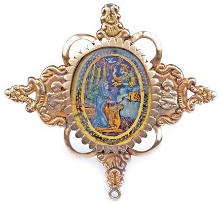 PARTICOLARE SPILLA BORBONICA IN ORO ROSSO E GIALLO probabile arte fiamminga...