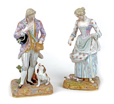 COPPIA DI FIGURE IN PORCELLANA MEISSEN Germania, fine XIX Sec. dipinte in...
