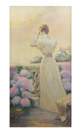 SCUOLA ITALIANA XX Sec. "Donna con binocolo", olio su tela, entro cornice...