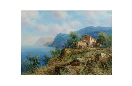 LUIGI SPADINI Italia, XX Sec. "Casa sulla scogliera", olio su tela, firmato...