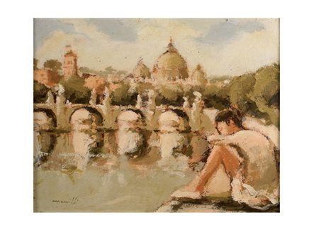 PITTORE ROMANO XX Sec. "Danzatrice sul Tevere", olio su tela, firmato in...