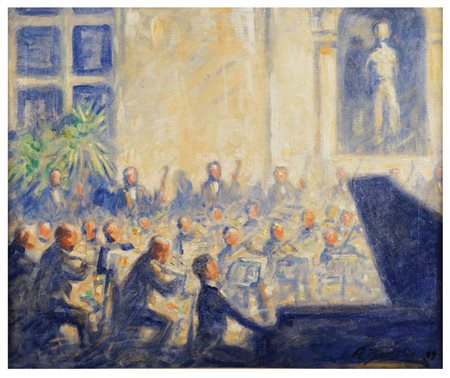 FIRMA INDECIFRABILE prima metà XX Sec. "Concerto", olio su tela, firmato in...