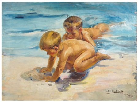 PITTORE DEL XX SEC. "Gioco di Bambini in spiaggia", olio su tela, reca firma...