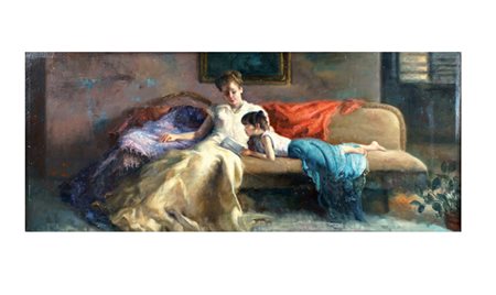 SCUOLA ITALIANA XX Sec. "La lettura", olio su tela, entro cornice 50x120 cm.