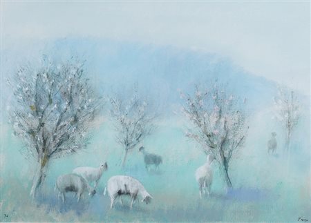 FERNANDO TROSO Lecce 1910 - Roma 1990 "Pecore al pascolo", olio su tela, anno...