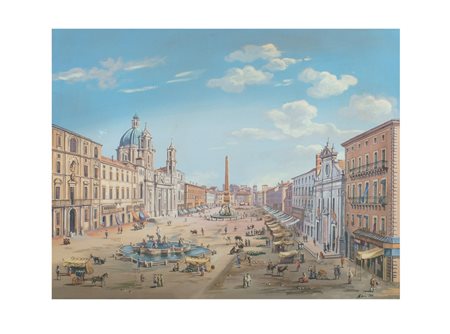 FIRMA ILLEGGIBILE XIX Sec. "Veduta di Piazza Navona", gouache, firmata in...