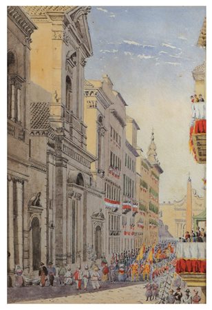 SCUOLA ROMANA XIX Sec. "Roma, Via del Corso durante il Carnevale,1869",...