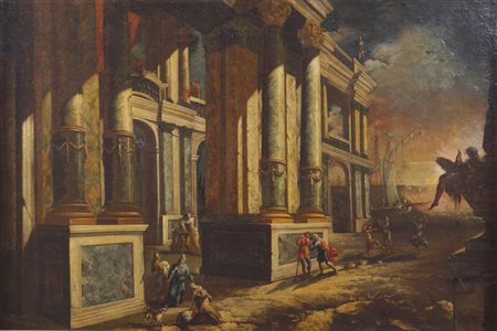 SCUOLA ITALIANA XVIII Sec. "Capriccio architettonico con personaggi", olio su...