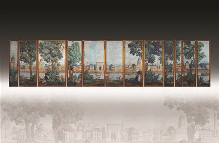 SCUOLA FRANCESE fine XIX Sec. dodici pannelli, dipinti a raffigurare scorci...