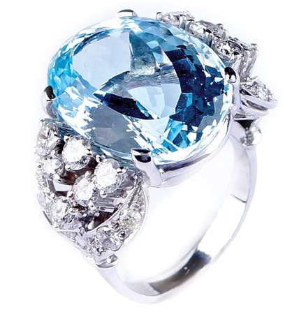 ANELLO IN ORO BIANCO 18KT CON UN ACQUAMARINA taglio ovale per ct 14 circa e...