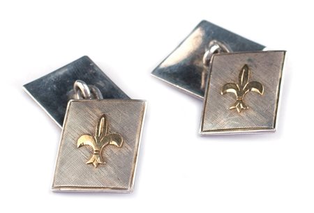 GEMELLI IN ARGENTO SATINATO E ORO GIALLO 18KT anni 50/60 a motivo di giglio...