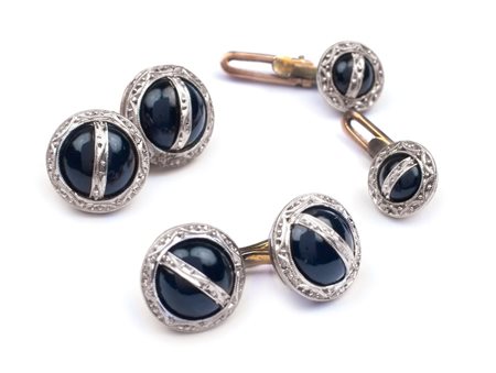 SET GEMELLI E DUE BOTTONI DA SPARATO IN ORO bianco e giallo 18kt con sezioni...