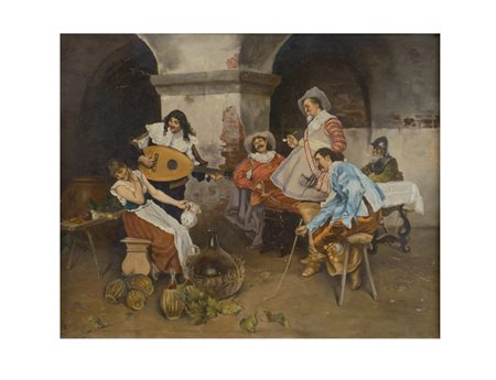 SCUOLA ITALIANA XIX Sec. "Serenata sotto i portici", olio su tela, entro cornice