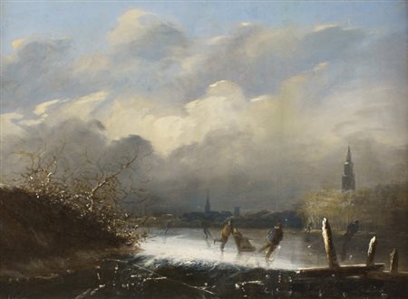 PITTORE NORD-EUROPEO XX Sec. "Paesaggio con neve", olio su tavola, entro...