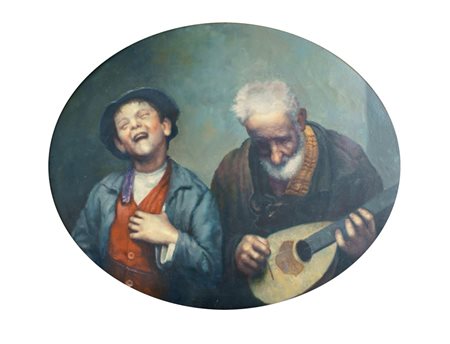 SCUOLA ITALIANA XX Sec. "Vecchio con mandolino e fanciullo", olio su tela...