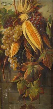 E. ZANETTI Firenze, inizio XX Sec. "Natura morta di uva e pannocchie", olio...