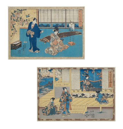 COPPIA DI STAMPE Giappone, XIX Sec. raffiguranti scene d'interno con figure,...