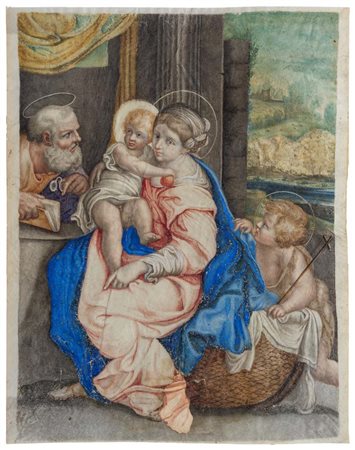 Scuola Romana del XVII secolo () Sacra Famiglia Tempera su pergamena mm...