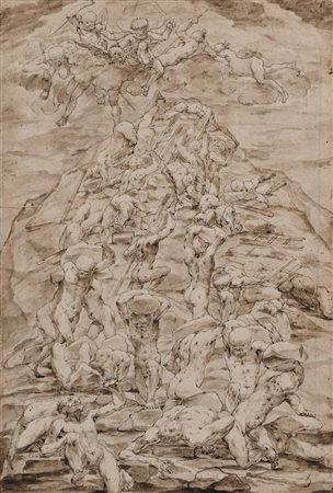 Scuola olandese del XVII secolo () Caduta dei Giganti Inchiostro e acquerello...