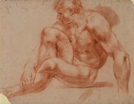 Scuola Emiliana del XVII secolo () Studio di nudo accovacciato Pietra rossa...