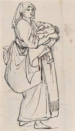 Scuola romana del XIX secolo () Studio di contadina con bambino matita e...