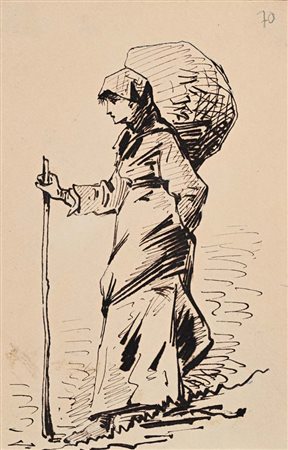 Scuola romana del XIX secolo () Studio di anziana con bastone China su carta...