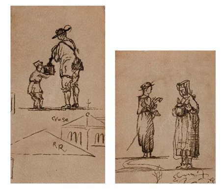 Scuola Italiana del XIX secolo () Coppia di studi di figure china su carta mm...