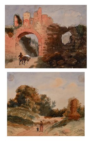 Scuola Italiana del XIX secolo () Coppia di Paesaggi laziali Acquerello su...