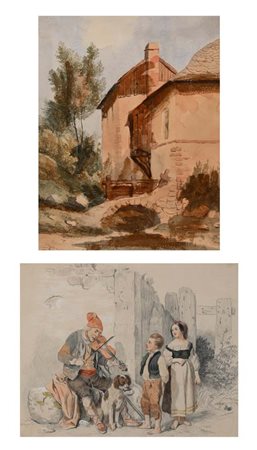 Scuola Italiana del XIX secolo () Coppia di vedute campestri Acquerello su...