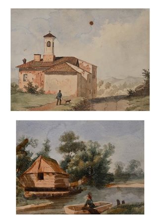 Scuola Italiana del XIX secolo () Coppia di vedute lacustri e campestri...