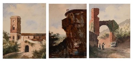 Scuola Italiana del XIX secolo () Tre paesaggi laziali Acquerello su carta mm...