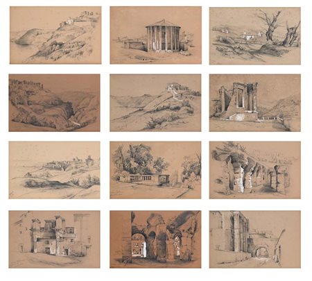 12 vedute di Roma e del Lazio Matita con rialzi di biacca su carta mm 280x430...