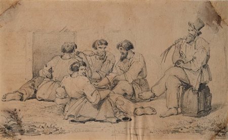 Scuola Italiana del XIX secolo () Studio di pastori Pietra nera su carta mm...