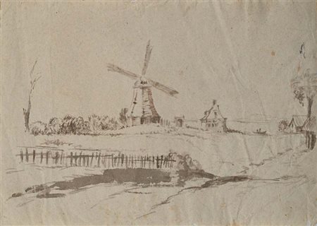 Scuola Fiamminga del XIX secolo () Paesaggio olandese con mulino china su...