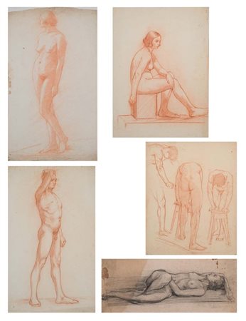 Scuola Italiana del XIX secolo () Cinque studi di nudo accademico maschili e...