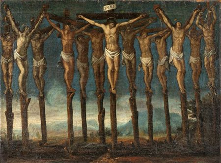 Pittore veneto del XVI secolo () Crocifissione multipla olio su tela cm...
