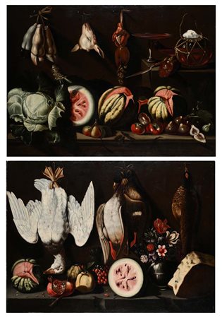 Astolfo Petrazzi (Siena 1583 - Siena 1665) a) Natura con volatili, frutta e...