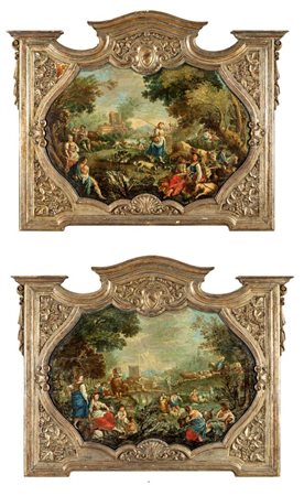 Pittore del XVIII secolo () Coppia di paesaggi rococò olio su tavola cm...