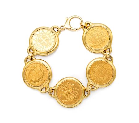 Bracciale in oro con marenghi Oro giallo 750/000 e 900/000. Peso complessivo...