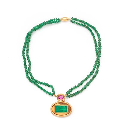 Petochi pendente in oro smeraldo, zaffiro rosa e avventurina Oro giallo...