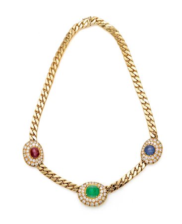 Nicoli Scola, importante girocollo in oro, smeraldo, zaffiro e rubino in...