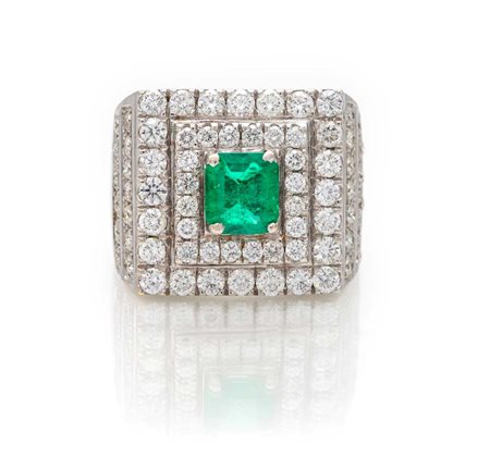 Anello in oro, brillanti e smeraldo Oro bianco 750/000. Diamanti in taglio...