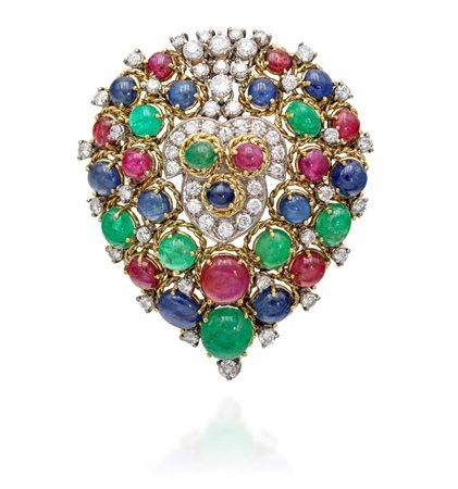 Spilla a goccia multicolor Oro bianco 750/000. Zaffiri, smeraldi e rubini in...