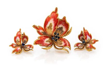 Parure di spilla e orecchini in oro, smalti e zaffiri Oro giallo 750/000....