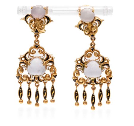 Petochi coppia di orecchini pendenti in smalto e pietra di luna Oro giallo...