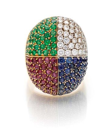 Grande anello in oro, brillanti, zaffiri, rubini e smeraldi Oro giallo...